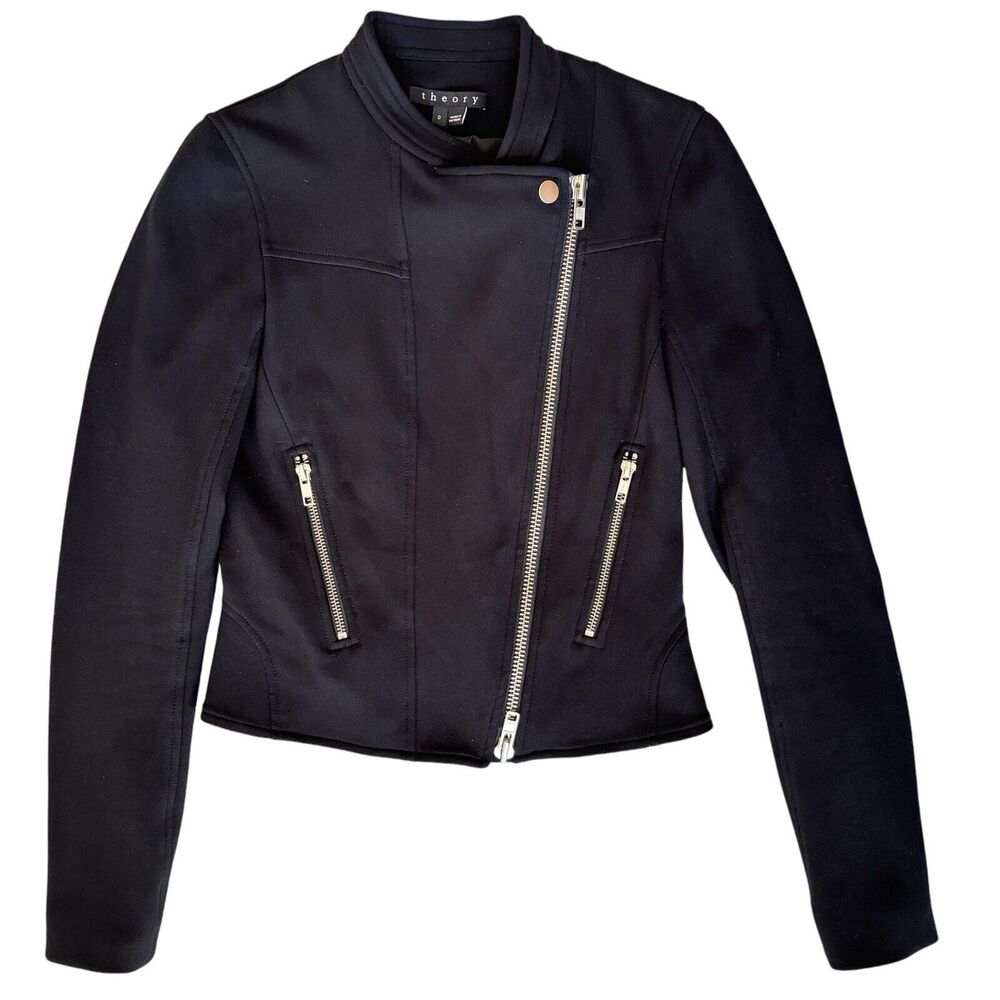 EUC Theory Asymmetrical Black Moto Jacket Zippers Size 0‎ Pockets